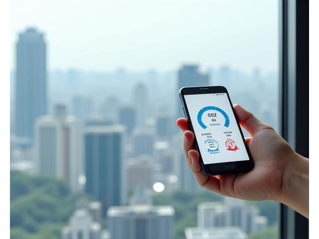 스마트폰 앱에서 미세먼지 수치, CO2 농도 등 실내 공기질 지표를 직관적인 차트와 숫자로 보여주는 화면