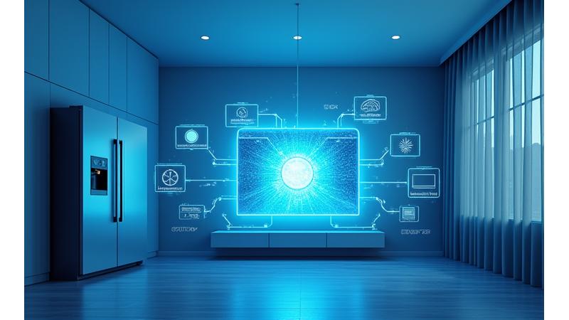 다양한 브랜드의 스마트 가전제품들이 하나의 한울 스마트홈 앱 인터페이스로 통합되어 제어되는 모습