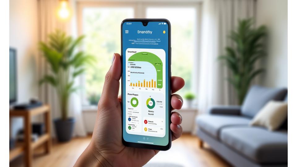 세련된 디자인의 스마트폰 앱에서 에너지 사용량, 절약 목표, 기여도 등을 보여주는 실시간 에너지 모니터링 대시보드