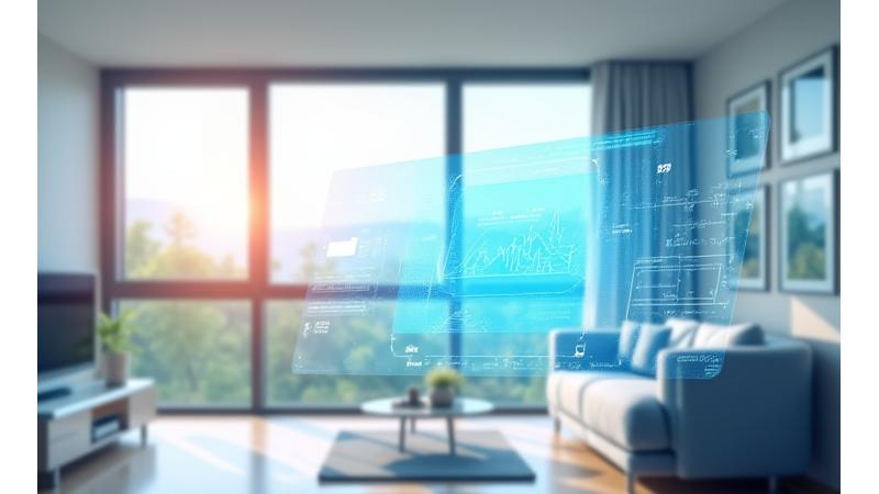 AI가 집 전체 에너지 흐름을 제어하는 미래형 스마트홈의 모습, 에너지를 절약하는 인터페이스와 시스템의 시각화
