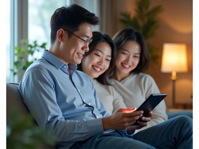 스마트홈 상담사가 웃으며 고객과 대화하며 태블릿에 솔루션을 설계하는 모습