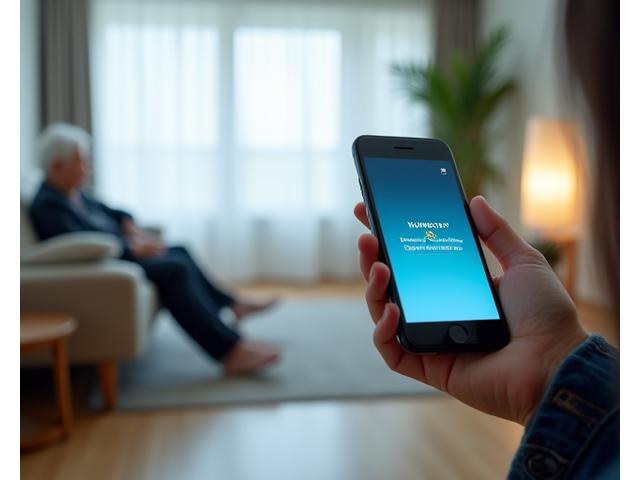 거실에서 활동량이 없음을 감지한 AI 시스템이 스마트폰으로 가족에게 알림을 보내는 모습