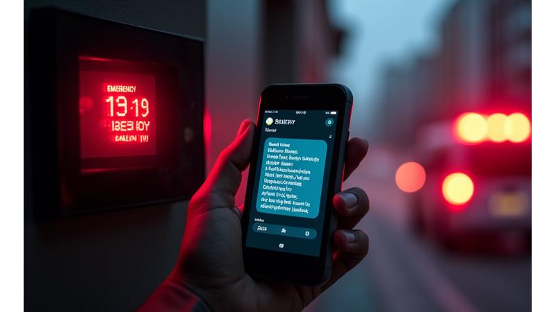 긴급상황 발생 시 스마트 디스플레이에 SOS 알림이 뜨고, 구급대원과 가족에게 동시 알림이 가는 모습.