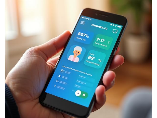 스마트폰 화면에 한울 스마트 시니어 케어 모바일 앱 인터페이스가 보이며, 부모님의 건강 지표와 활동량이 표시된 대시보드.