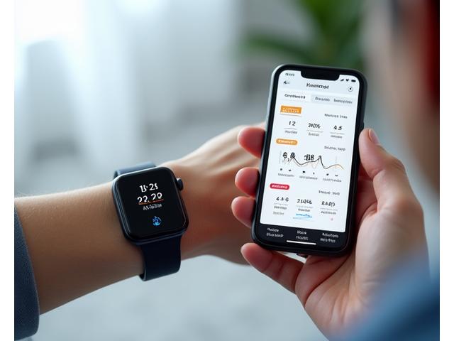 스마트워치와 연결된 건강 모니터링 앱에서 심박수, 혈압, 수면 패턴 그래프를 보여주는 모습