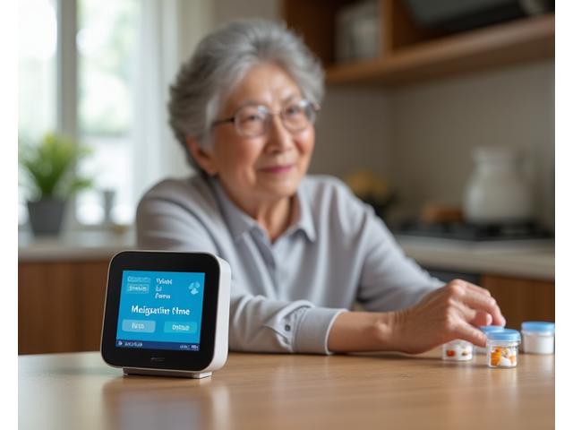 스마트 디스플레이가 약 복용 시간을 알리고, 노인이 약을 챙기는 모습