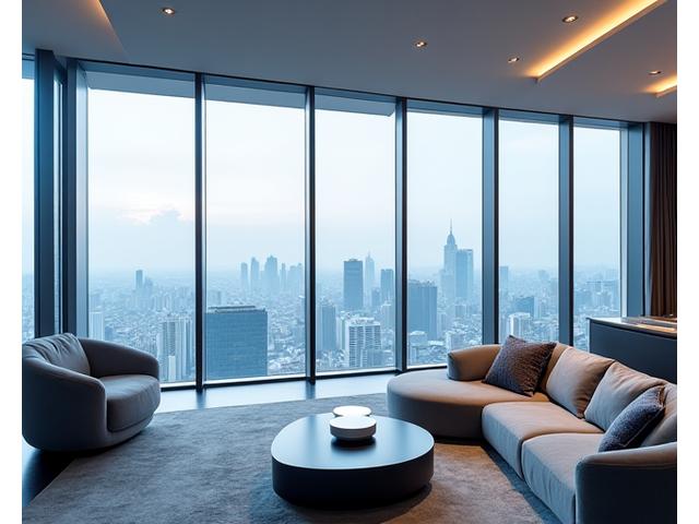 고급 빌라의 넓은 거실에 설치된 최첨단 스마트홈 시스템