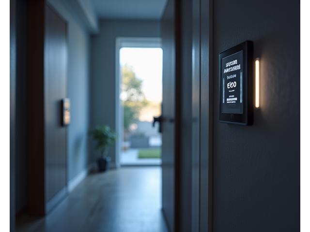 외출 시 현관에서 스마트폰으로 집을 잠그고 시스템을 활성화하는 장면