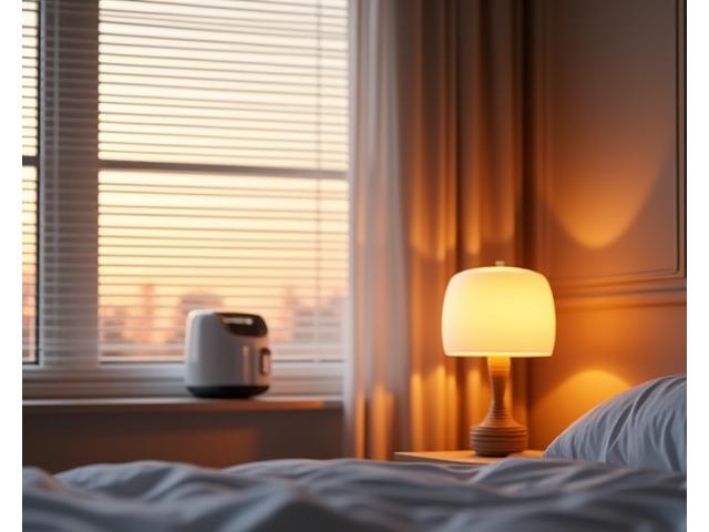 아침 햇살이 들어오는 침실에서 스마트 조명이 켜지고 커피 향이 나는 장면