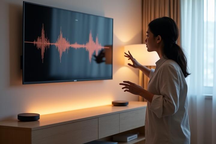 손으로 스마트 기기를 작동시키는 모습과 음성 인식 파형이 오버레이된 이미지