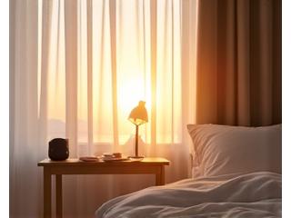 아침에 햇살이 들어오는 침실에서 음성 명령으로 스마트 기기가 작동하는 모습